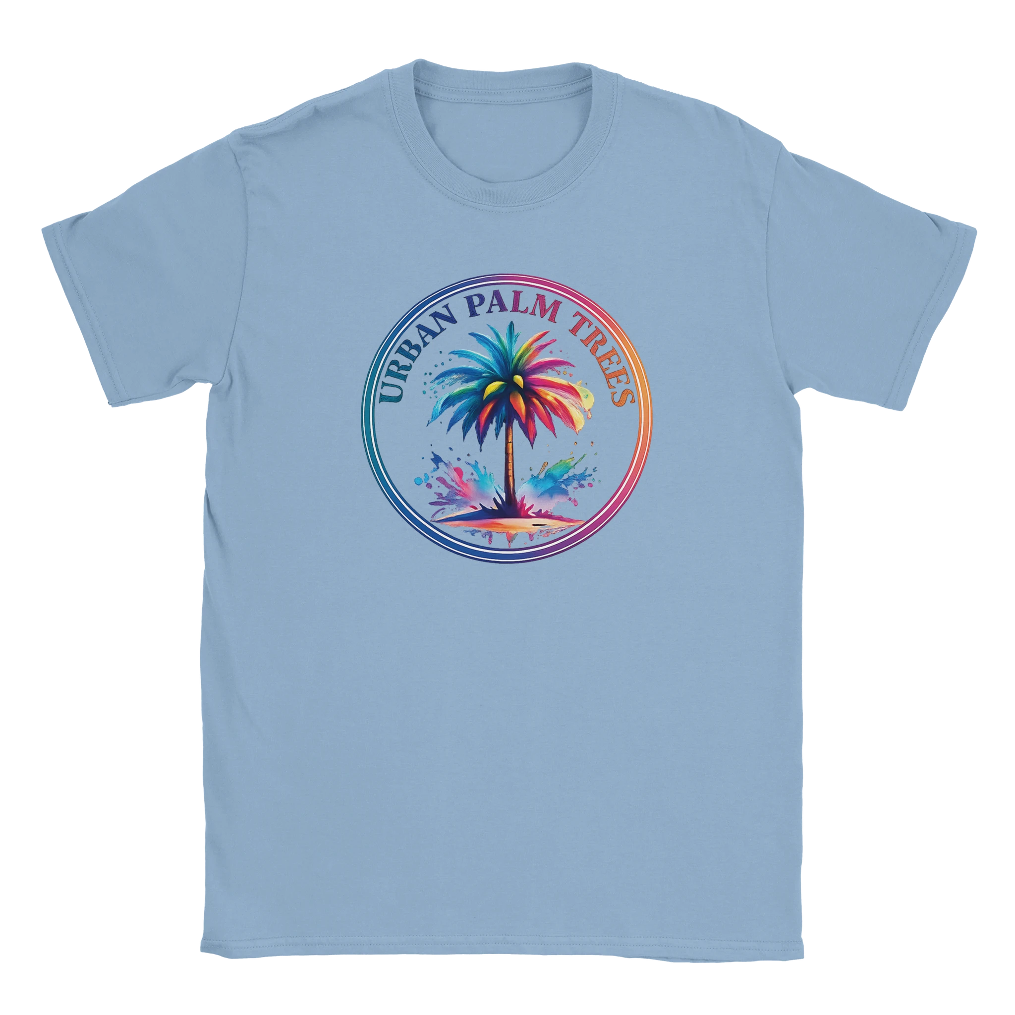 Light blue T-shirt featuring a colorful retro palm tree graphic inside a circular frame.