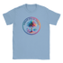 Light blue T-shirt featuring a colorful retro palm tree graphic inside a circular frame.