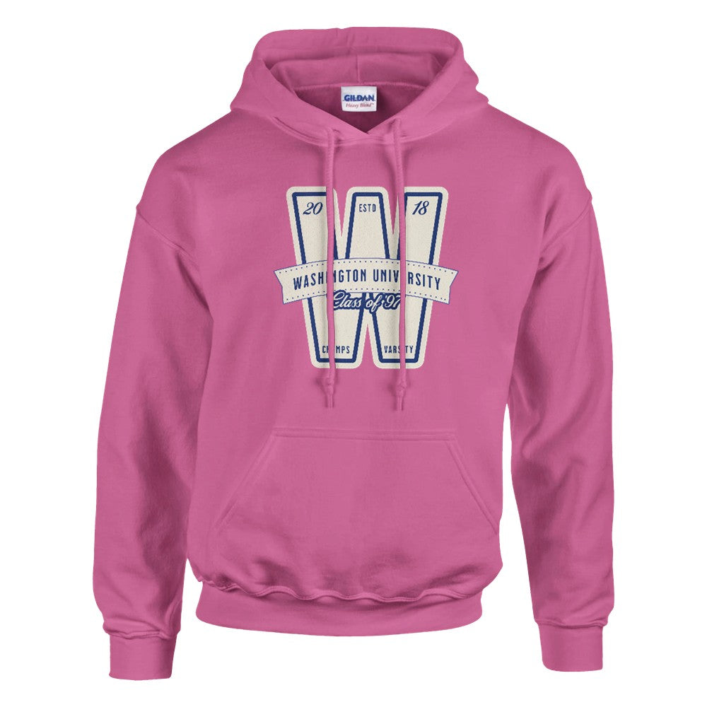 Washington University women's pink cotton-blend hoodie with white/blue W graphic, sizes S–XL.