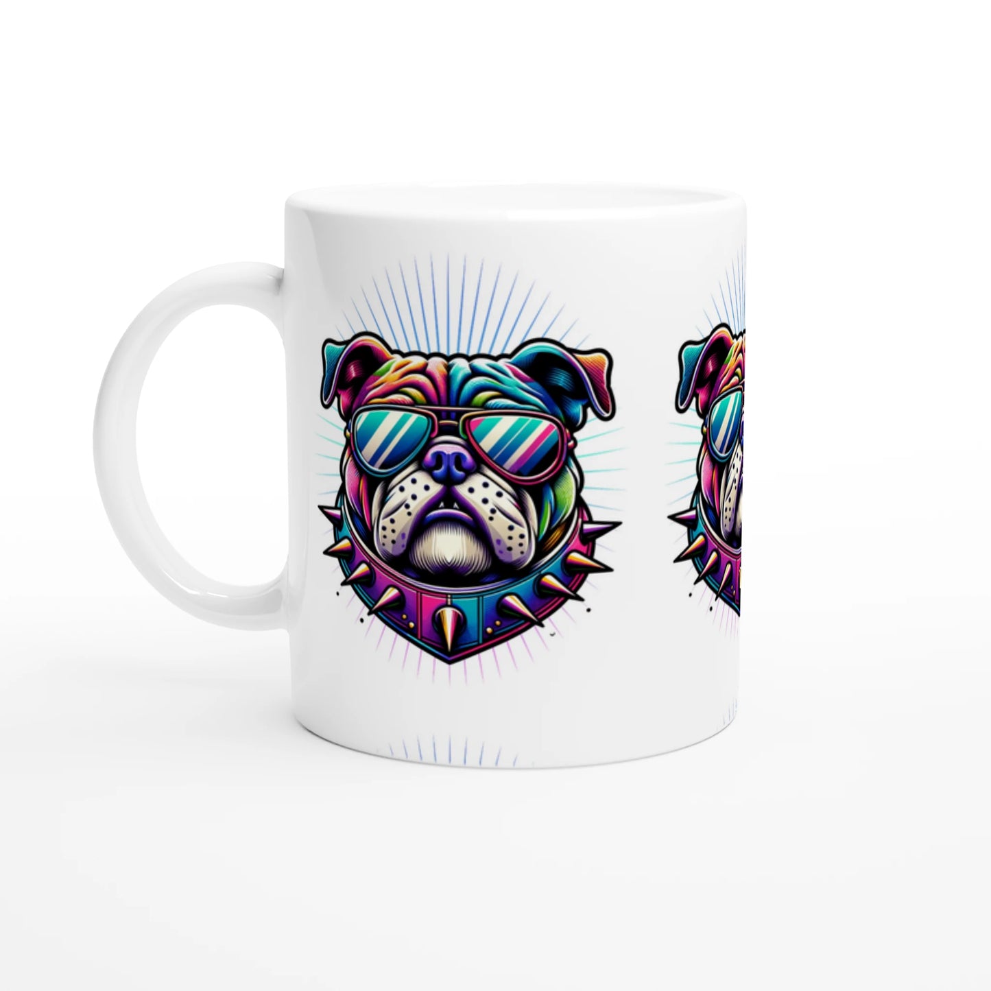 British Bulldog mug featuring a colorful bulldog in sunglasses on white ceramic, great gift for him.