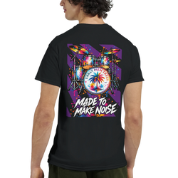 Black t-shirt back print featuring a colorful retro drum kit graphic with a palm tree and "Made To Make Noise" text.
