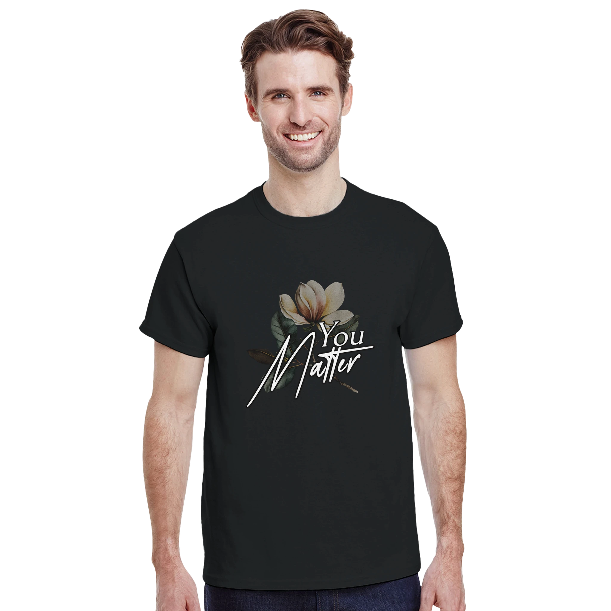Men's black cotton-blend t-shirt with You Matter slogan and floral graphic, relaxed fit.