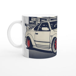 JDM drift car mug with glossy white ceramic and a stylized white car with red rims.