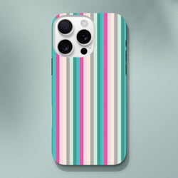 Retro pastel stripe iPhone case in pink and aqua featuring vertical stripes for durable city-style protection.