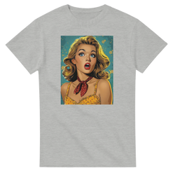 Grey men's t-shirt featuring a retro vintage pin-up graphic with a surprised blonde woman, red polka dot scarf, and teal background.