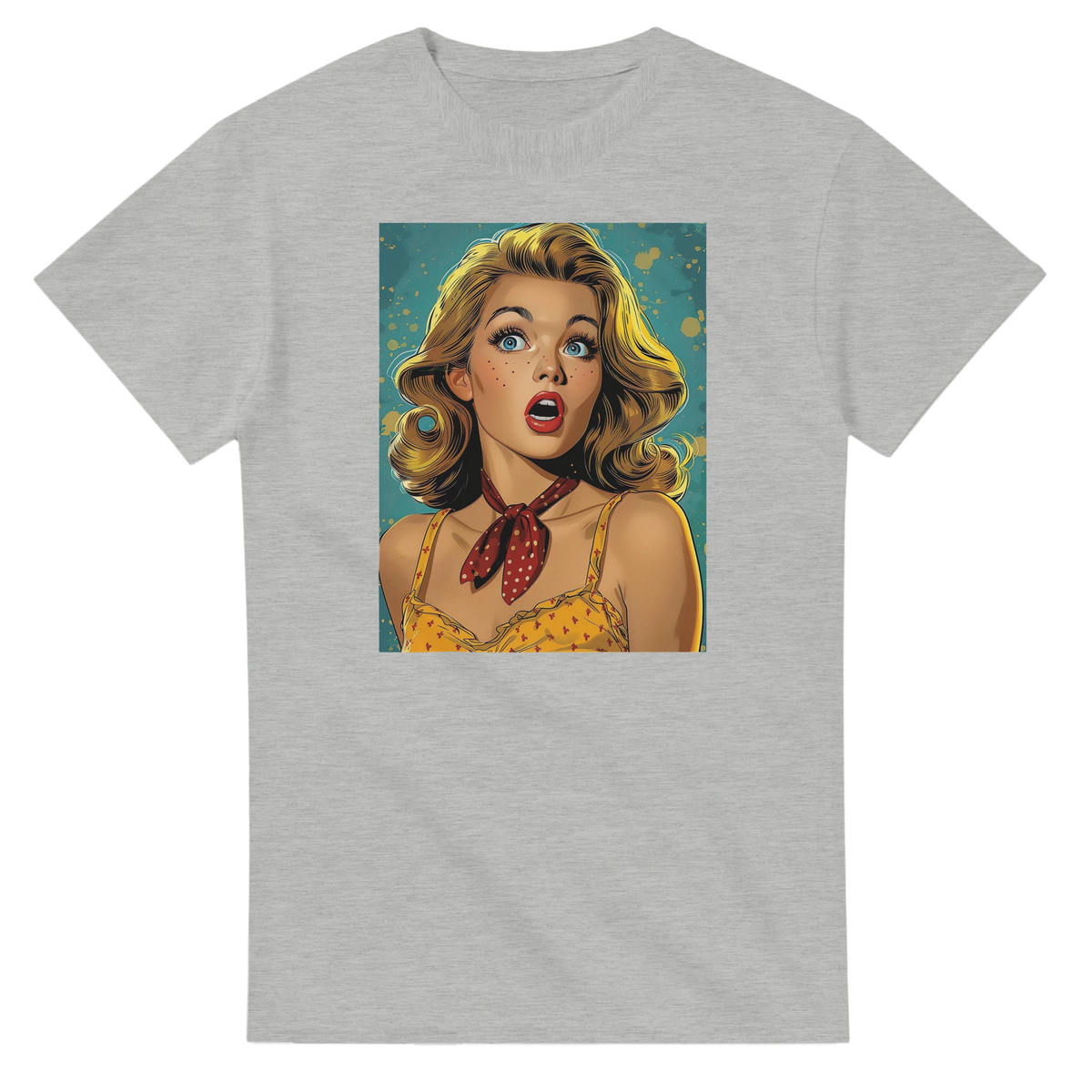 Grey men's t-shirt featuring a retro vintage pin-up graphic with a surprised blonde woman, red polka dot scarf, and teal background.