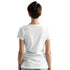Back view of a woman wearing a plain white cotton-blend crew-neck short-sleeve T-shirt.