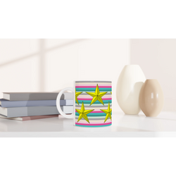 Pastel Stripe Gold Star Mug, a cute aesthetic coffee cup with gold stars for desk, home, or gifting.