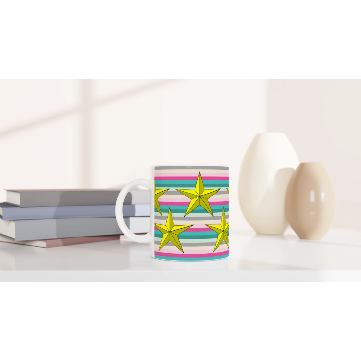 Pastel Stripe Gold Star Mug, a cute aesthetic coffee cup with gold stars for desk, home, or gifting.