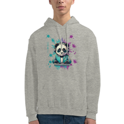 Panda DJ graphic hoodie: panda with headphones at a mixer, teal and purple paint splashes on grey hoodie.