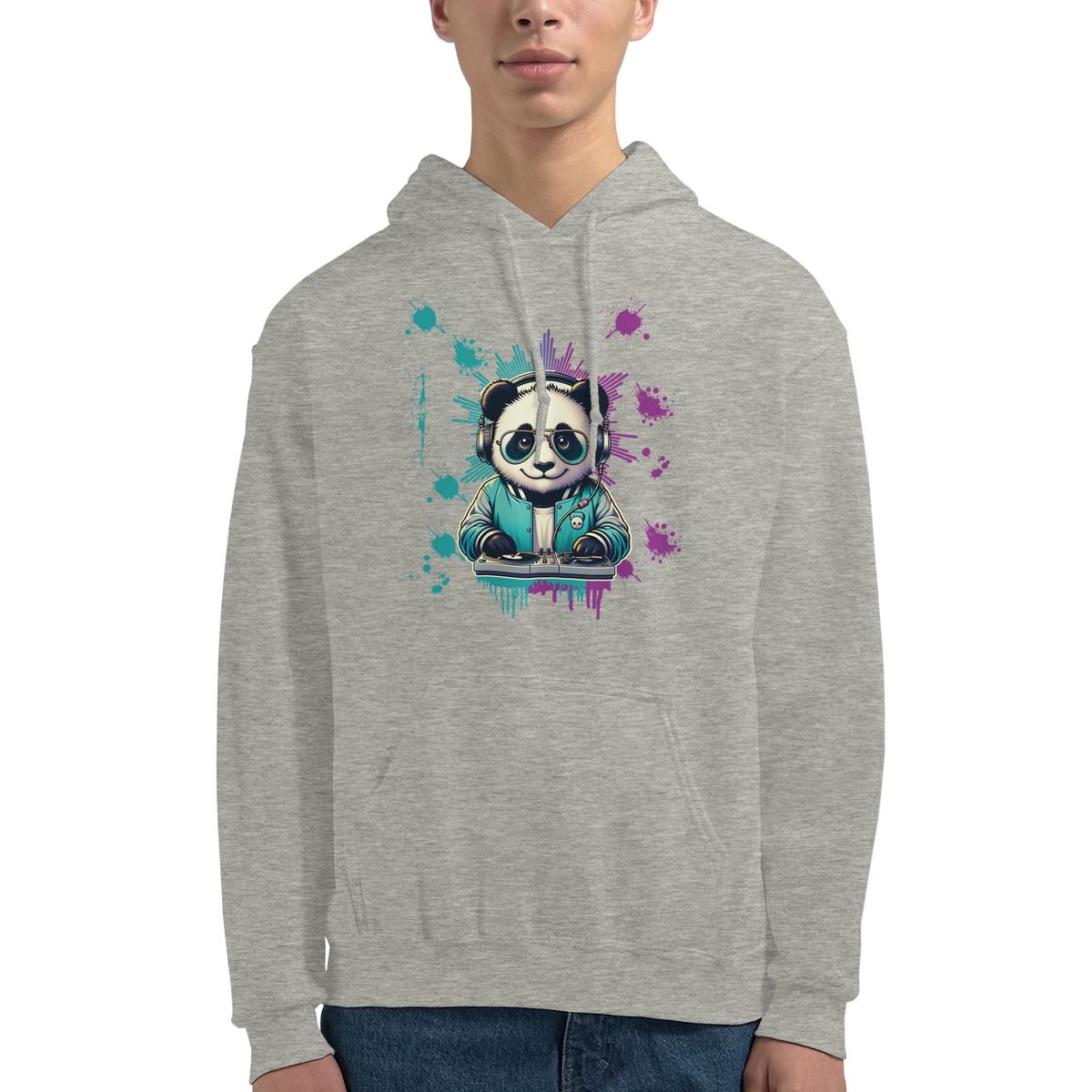 Panda DJ graphic hoodie: panda with headphones at a mixer, teal and purple paint splashes on grey hoodie.