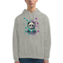 Panda DJ graphic hoodie: panda with headphones at a mixer, teal and purple paint splashes on grey hoodie.