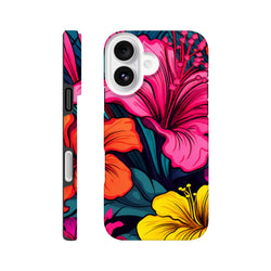 Vibrant tropical hibiscus iPhone case featuring bold pink, orange, and yellow florals with a tough wraparound design for street style.