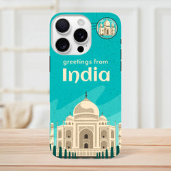 India Taj Mahal postcard design on teal iPhone case for iPhone 13-16, travel cover with wraparound artwork