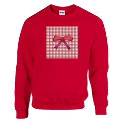 Red pullover sweatshirt featuring a pink bow on a gingham square, perfect for a cute coquette aesthetic streetwear look.
