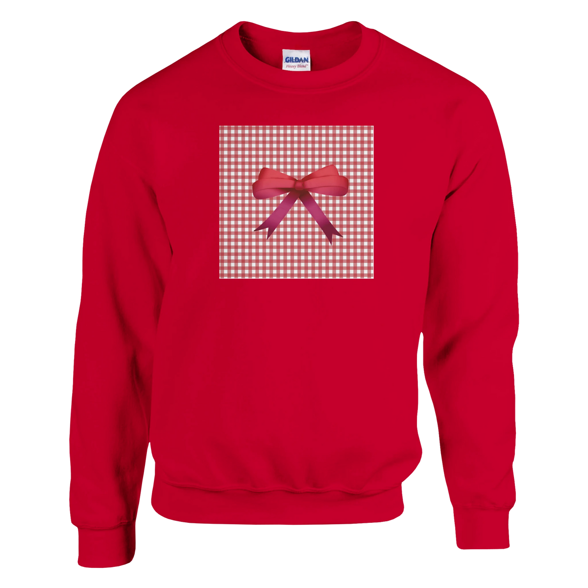 Red pullover sweatshirt featuring a pink bow on a gingham square, perfect for a cute coquette aesthetic streetwear look.