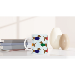 Cute Sausage Dog ceramic mug with a dachshund pattern for coffee or tea.