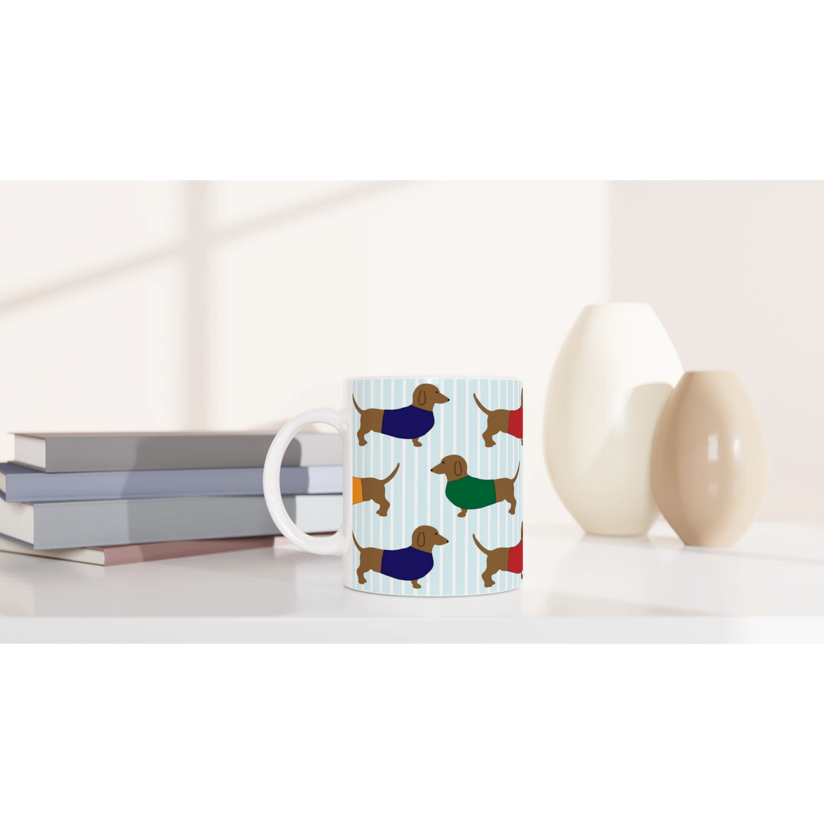 Cute Sausage Dog ceramic mug with a dachshund pattern for coffee or tea.