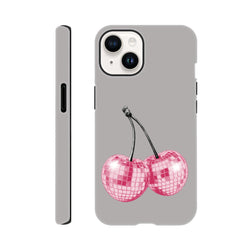 Gray iPhone case featuring pink disco ball cherry design. Cute fruit phone cover compatible with iPhone 13 through 16 models.