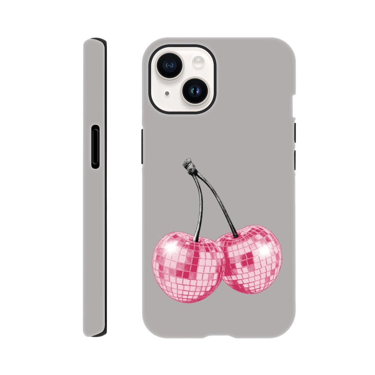 Gray iPhone case featuring pink disco ball cherry design. Cute fruit phone cover compatible with iPhone 13 through 16 models.