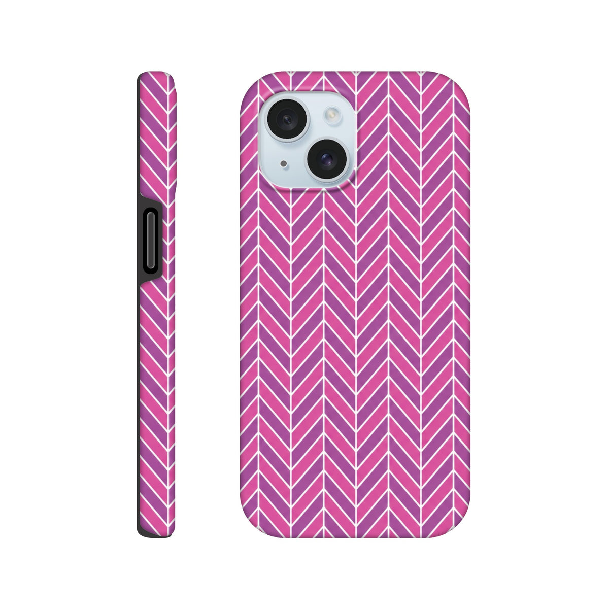 Pink herringbone geometric iPhone case featuring shock-absorbing TPU and reinforced dual-layer frame for reliable daily impact resistance.