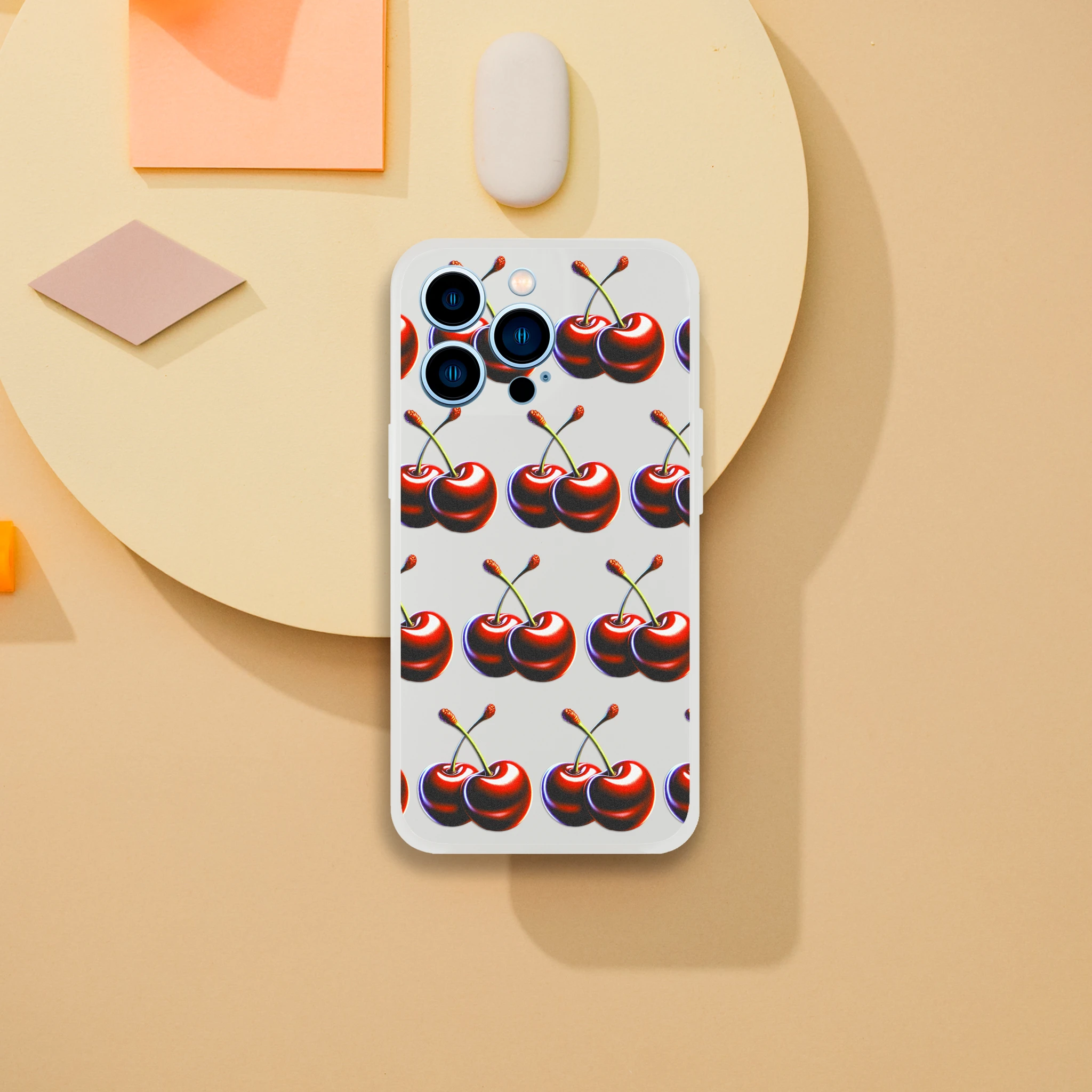 Cherries pattern slim protective phone case for iPhone 13, 14, 15, 16; transparent, flexible, impact-resistant.