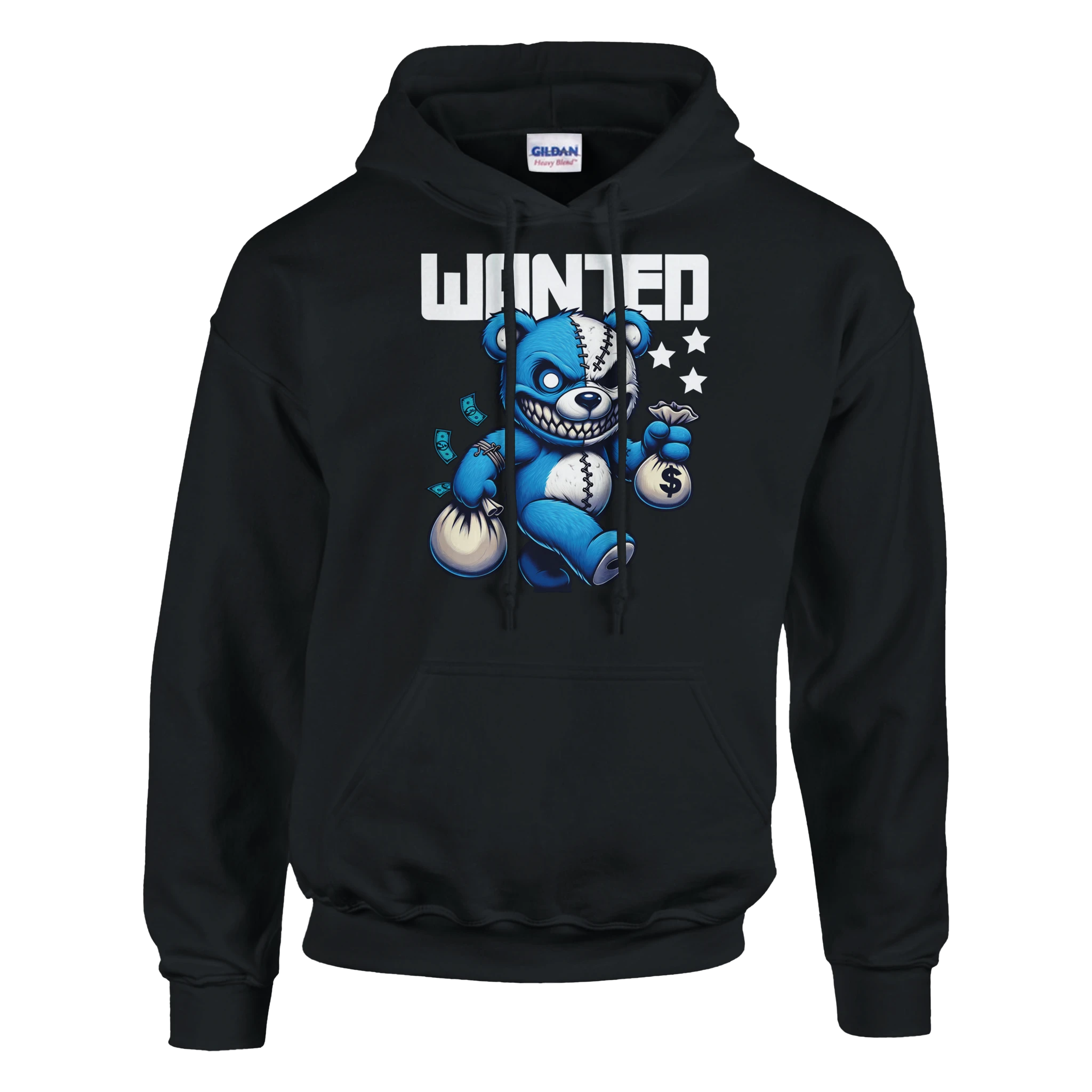 Men's Wanted Teddy Bear Hoodie: blue bear graphic with money bags and WANTED on black cotton-blend hoodie.