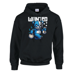 Men's Wanted Teddy Bear Hoodie: blue bear graphic with money bags and WANTED on black cotton-blend hoodie.