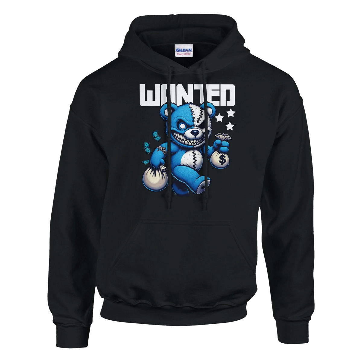 Men's Wanted Teddy Bear Hoodie: blue bear graphic with money bags and WANTED on black cotton-blend hoodie.