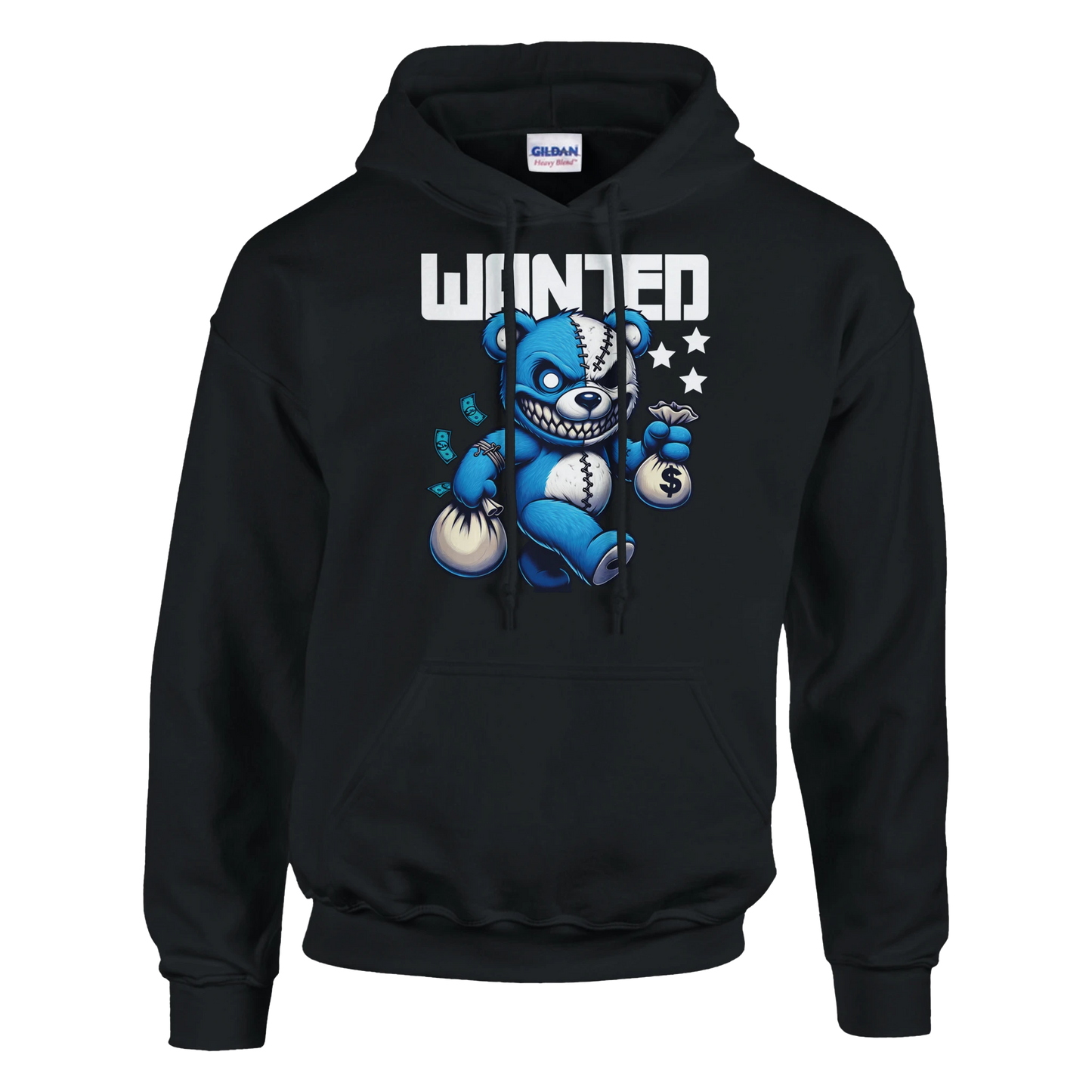 Black men's teddy bear hoodie with a blue and white bear graphic and 'WANTED' text on a white background