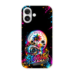 Turbo car culture phone case featuring colorful palm trees, sunset, metallic turbocharger, and spray paint splatter art on black.