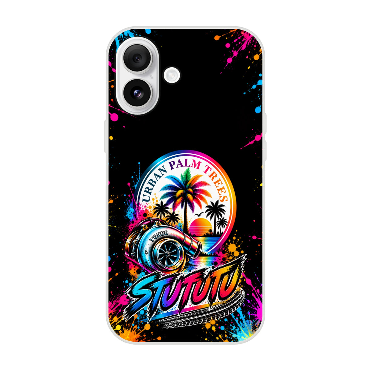 Turbo car culture phone case featuring colorful palm trees, sunset, metallic turbocharger, and spray paint splatter art on black.