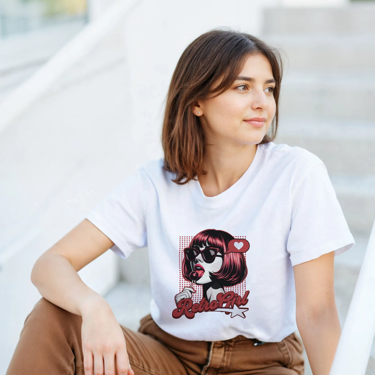 Woman wearing white Retro Pop Art Girl graphic tee featuring a sunglasses-wearing girl with a lollipop and vintage typography design.