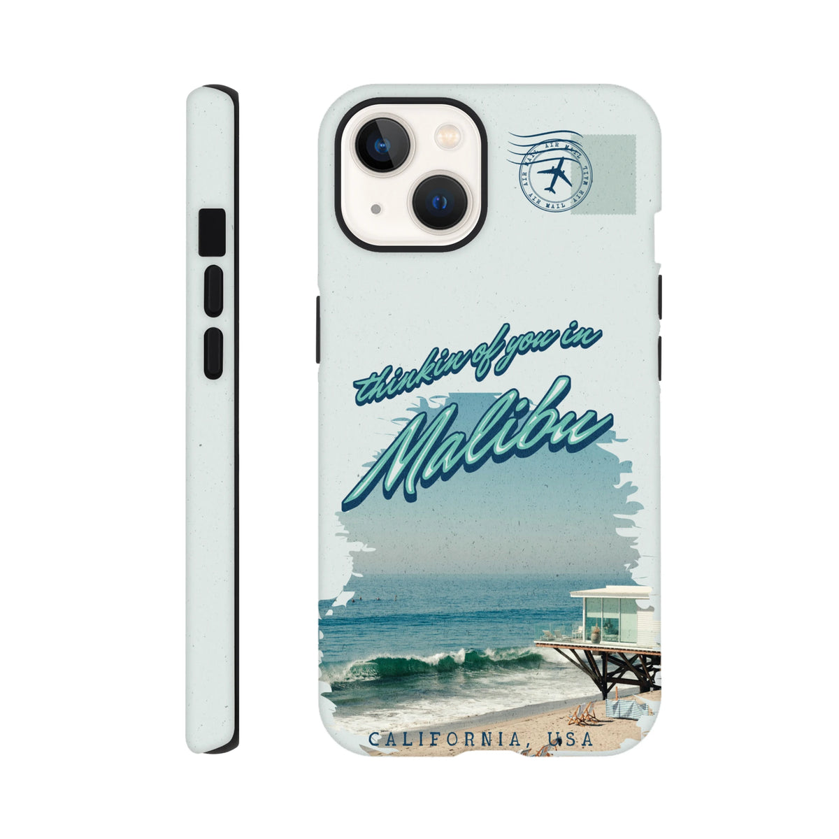 Vintage-style Malibu California Beach tough iPhone case featuring retro "thinkin of you" script, ocean waves, pier, and air mail stamp graphic.