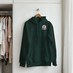 Dark green men's hoodie with colorful Full Send palm tree graphic, front pouch pocket, hanging in closet for modified car culture style.