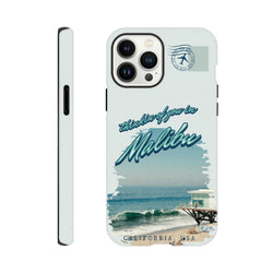 Vintage Malibu California beach case with air mail stamp design, protective tough iPhone cover featuring retro ocean scenery and pier graphic.