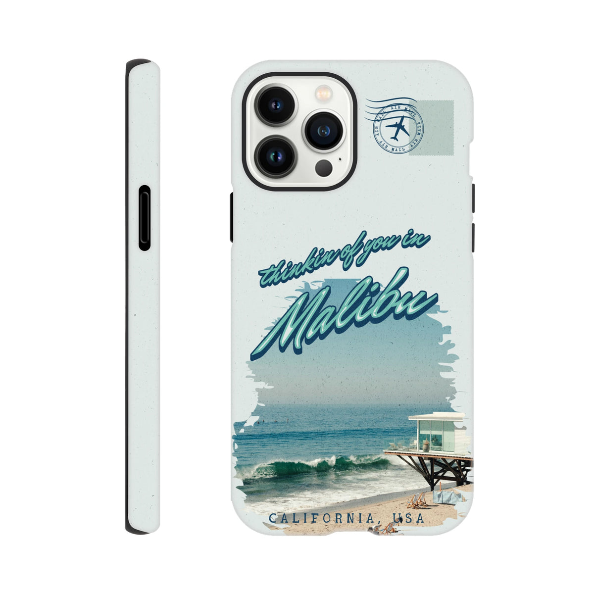 Vintage Malibu California beach case with air mail stamp design, protective tough iPhone cover featuring retro ocean scenery and pier graphic.
