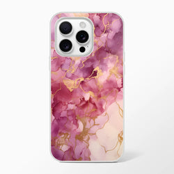 Pink marble iPhone case (13–16) with blush rose gold abstract print on a slim matte phone cover.