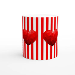 Red Stripe Heart Mug, a cute romantic ceramic coffee cup with vertical red stripes and heart accents.