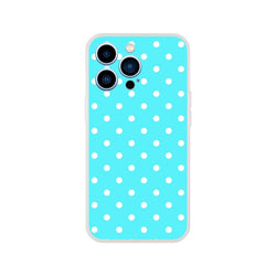 Aqua blue retro phone case with white polka dots. Includes shock-absorbing TPU cushion and matte finish for iPhone models 13-16.