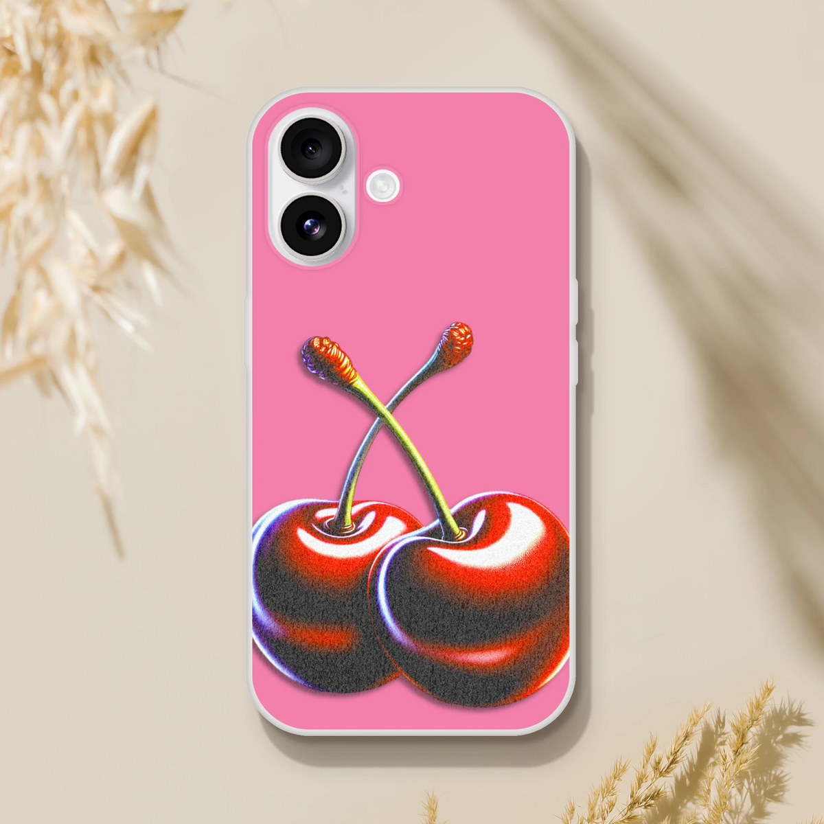 Pink Retro Cherries iPhone case for iPhone 13-16 with Y2K aesthetic, cherry graphic, and slim matte finish.
