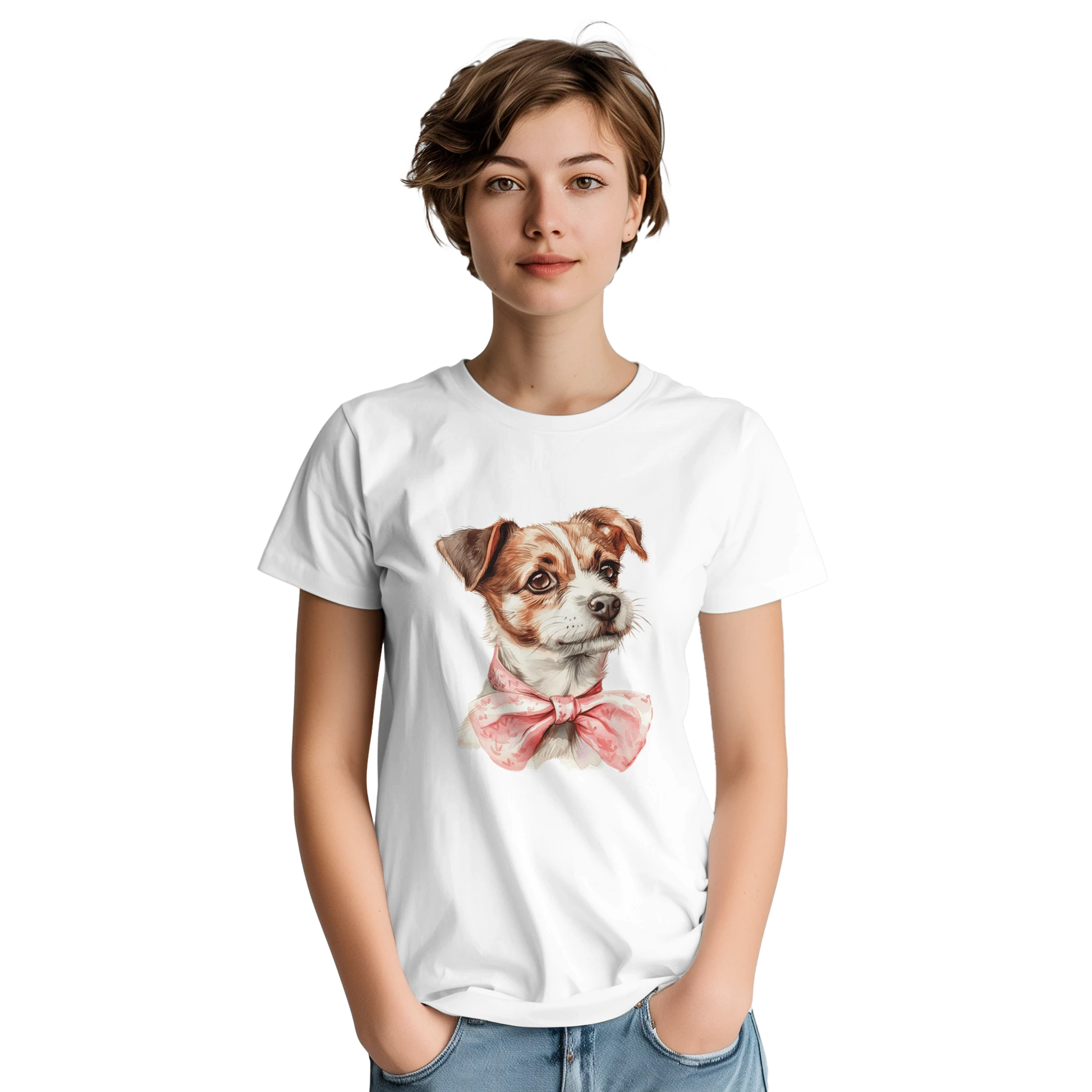 White women's cotton blend graphic tee with a cute illustrated dog wearing a pink bow.