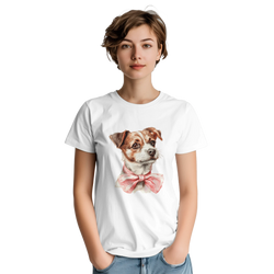 White women's cotton blend graphic tee with a cute illustrated dog wearing a pink bow.