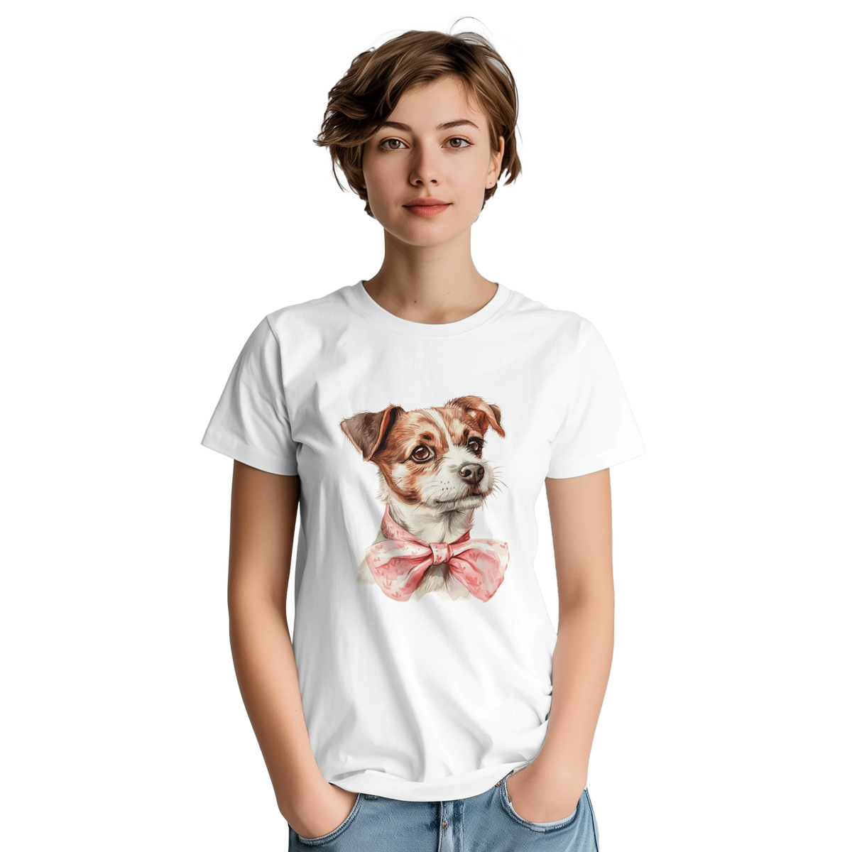 White women's cotton blend graphic tee with a cute illustrated dog wearing a pink bow.