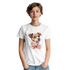 White women's cotton blend graphic tee with a cute illustrated dog wearing a pink bow.