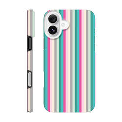 Retro pastel striped iPhone case featuring pink and aqua vertical lines. Tough protective phone cover with street-ready aesthetic and raised camera bezel.
