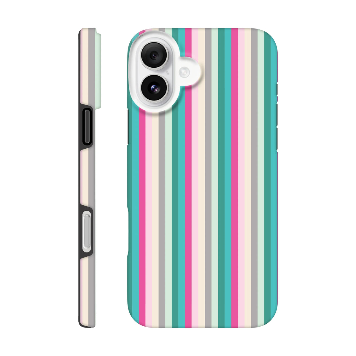 Retro pastel striped iPhone case featuring pink and aqua vertical lines. Tough protective phone cover with street-ready aesthetic and raised camera bezel.