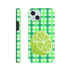Lime gingham iPhone case with a citrus slice graphic and green checkered pattern for shock-absorbing protection.