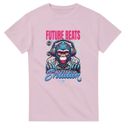 Pink Future Beats Gorilla t-shirt featuring a retro tech-gorilla DJ graphic with headphones and Evolution text.
