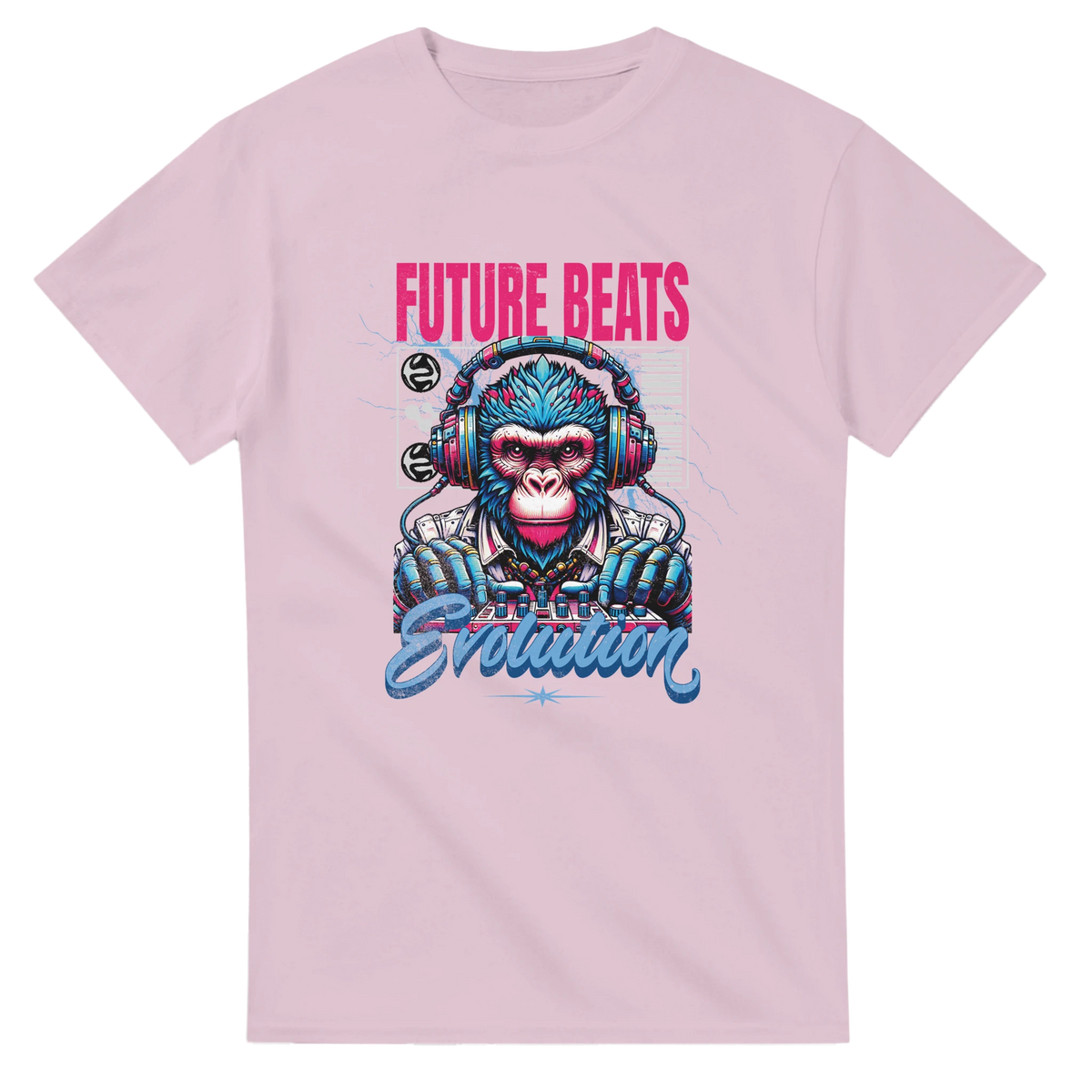 Pink Future Beats Gorilla t-shirt featuring a retro tech-gorilla DJ graphic with headphones and Evolution text.
